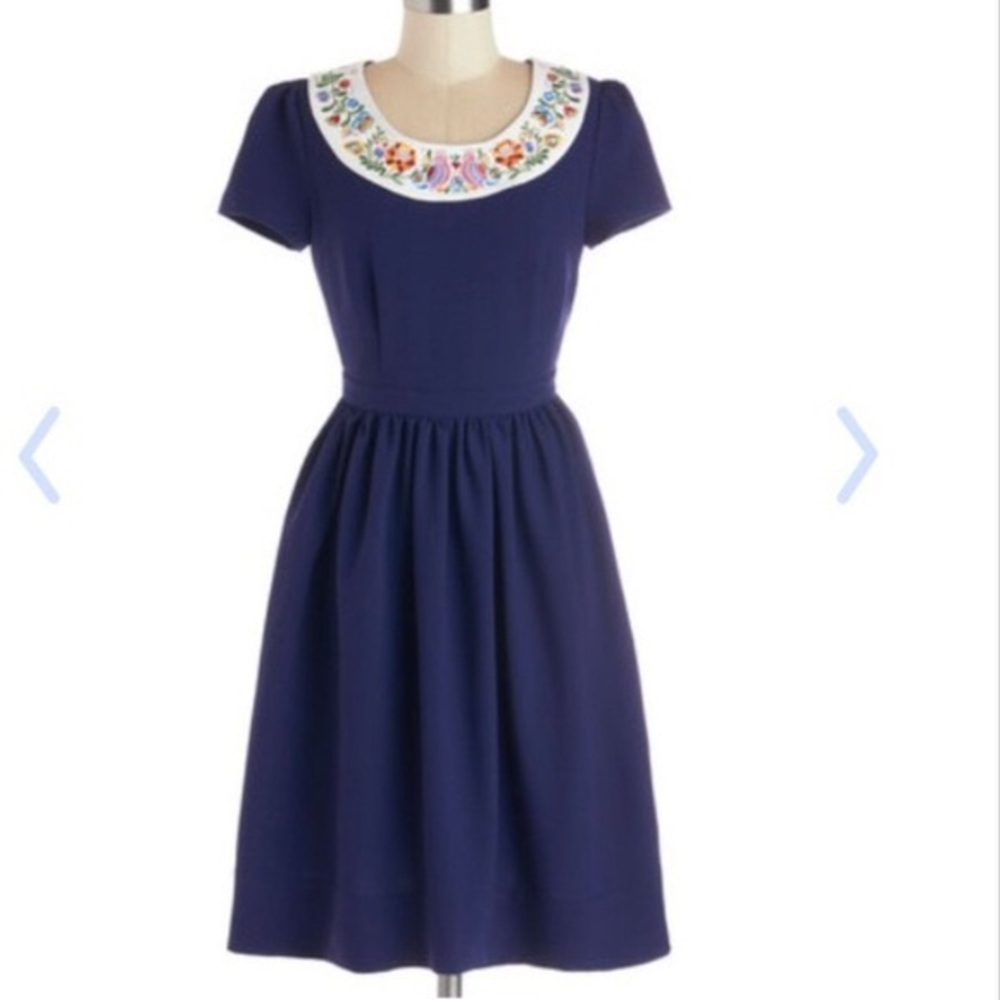 Modcloth Navy Dress with Floral Embroidery
